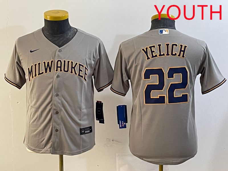 Youth Milwaukee Brewers #22 Yelich Grey Game 2025 Nike MLB Jersey style 1